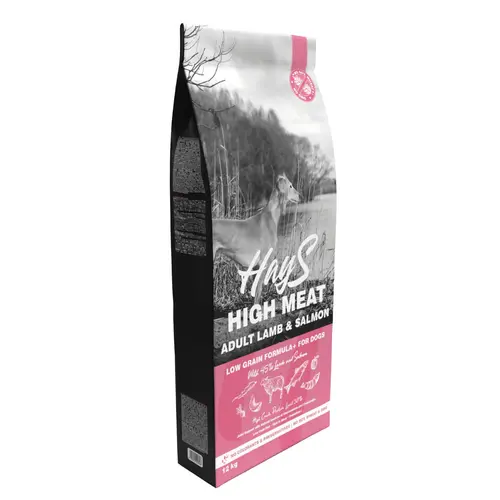 Plaisir au jardin：Croquette pour chien adulte à l'agneau et au poisson Hays High Meat - 12 kg