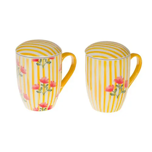 À découvrir pour l’extérieur：Coffret mug en céramique à rayures jaunes et motif fleurs avec filtre Louise - 12 x 9 x 12 cm