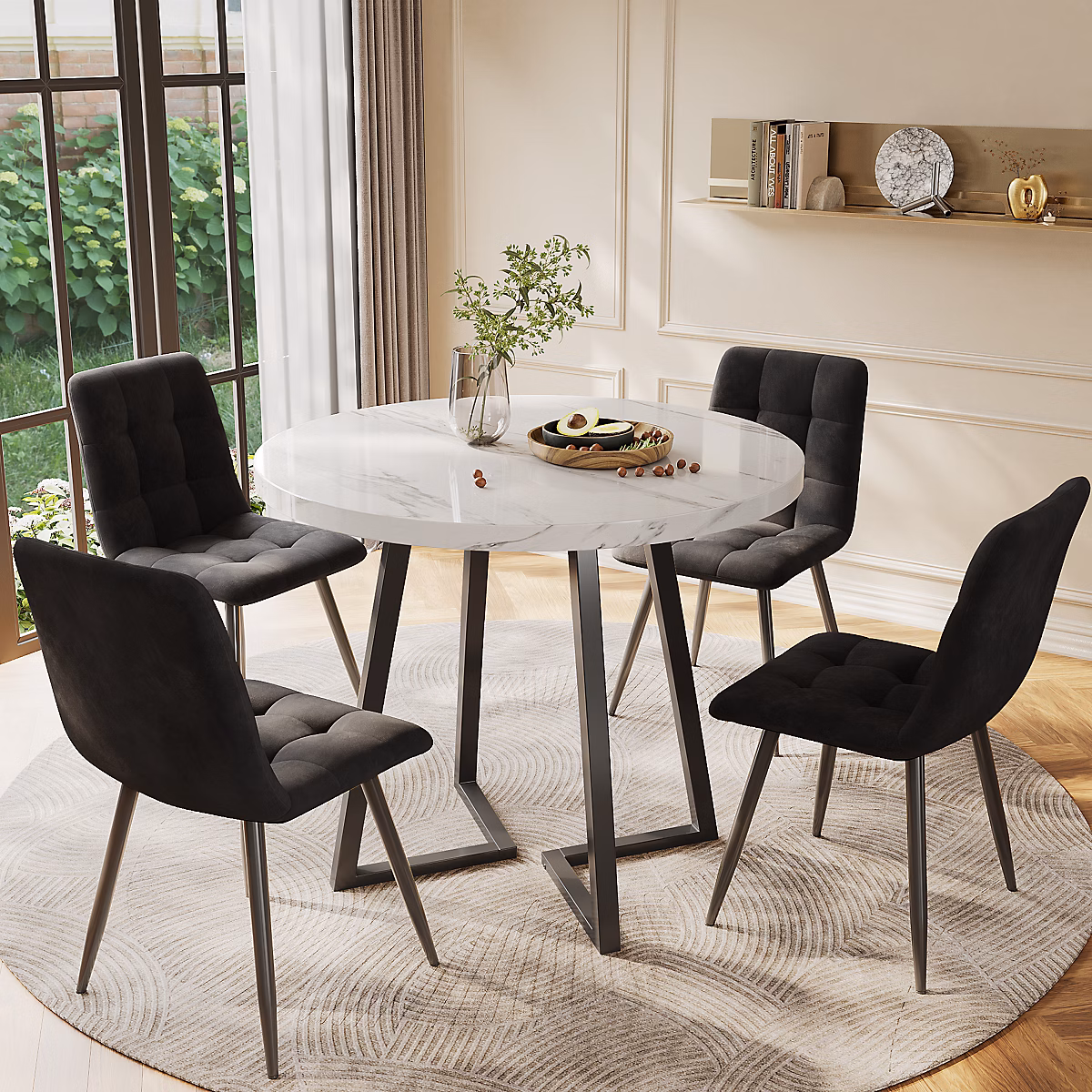 Ensemble table et chaises 80 × 75 cm table ronde avec 4 chaises assise en velours et structure métal