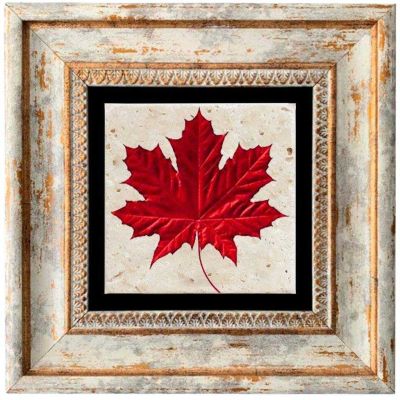 Tableau décoratif en bois et métal 20 x 20 cm (Feuille rouge)