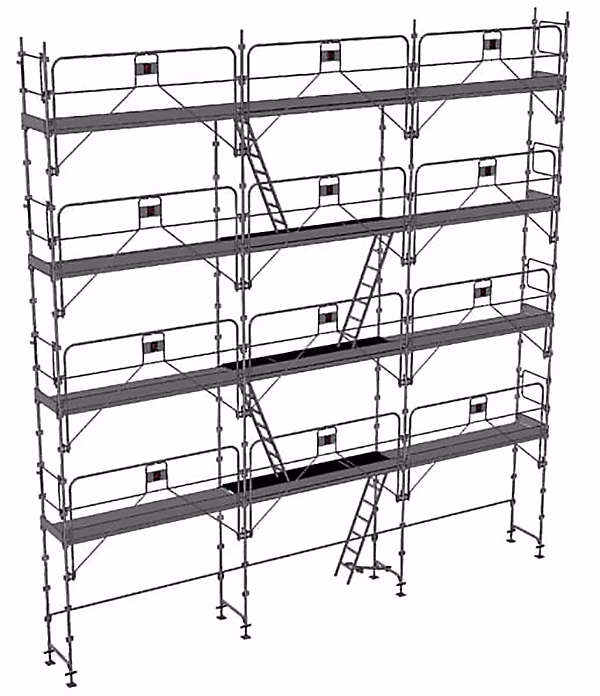 Echafaudage fixe de façade 100m² – Structure + Planchers + Plinthes + Garde-corps, DUO100GCM-SPP