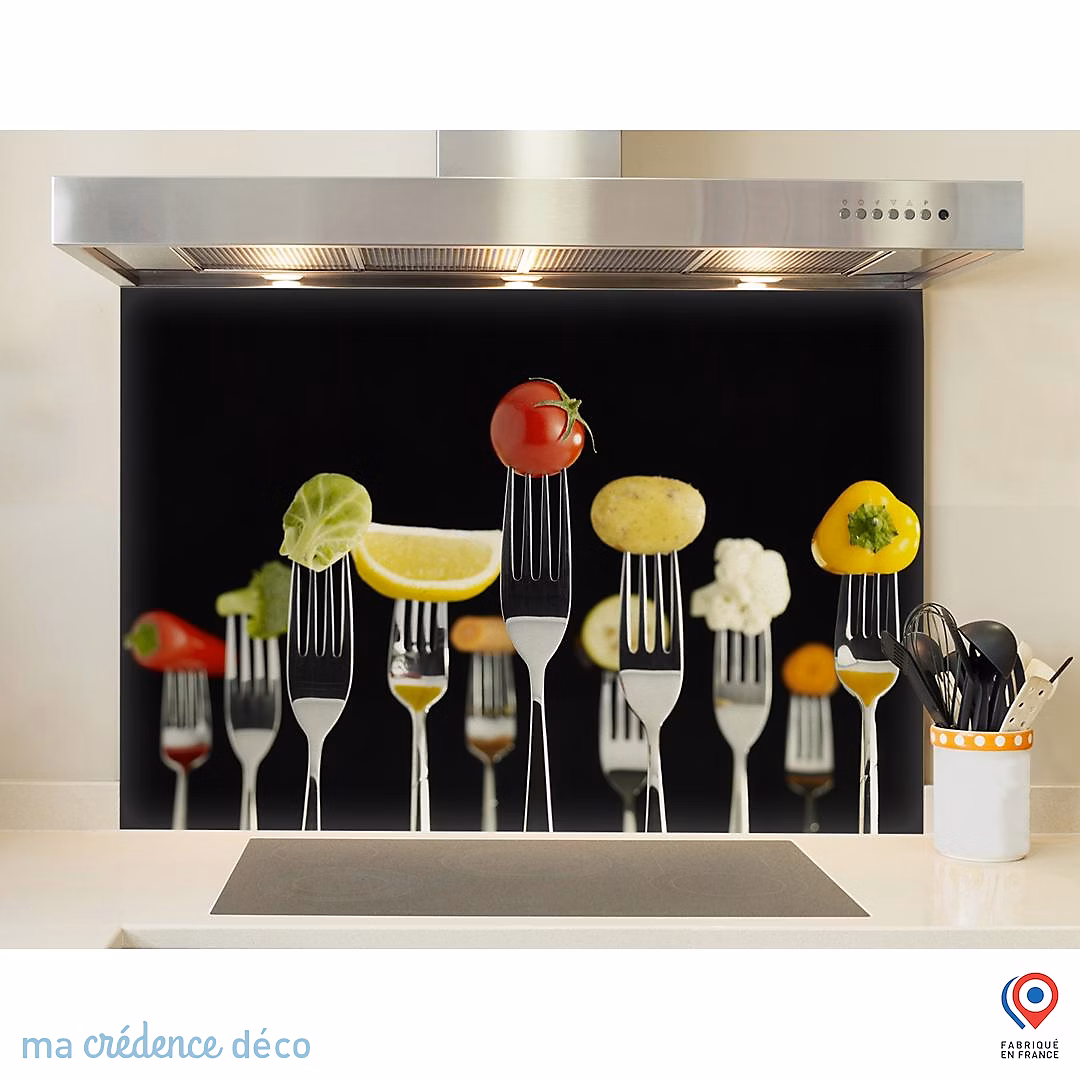 Crédence cuisine fond de hotte fourchettes et aliments 2 – Verre trempé | L 90 cm x H 70 cm | MaCrédenceDéco