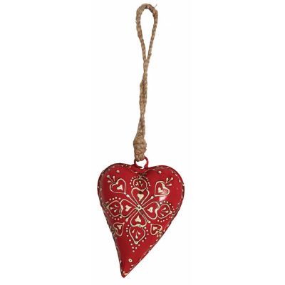 Coeur rouge en métal et corde à suspendre (8 cm)