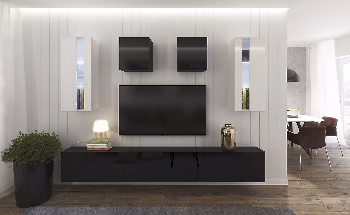 Ensemble meuble TV NEXT 291 AN291 – 17BW | HG22 | 1B noir | blanc brillant 273 cm