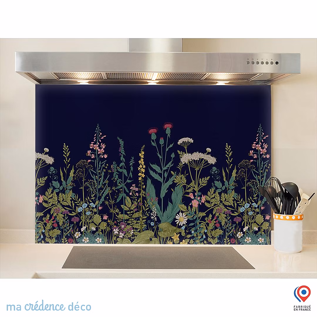 Crédence cuisine fond de hotte fleurs sauvages et colorées noir – Verre trempé | L 90 cm x H 70 cm | MaCrédenceDéco