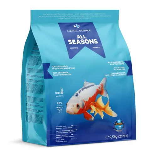 Sélection extérieur:Nourriture annuelle pour poisson d'étang de minimum 15 cm de long Aquatic Science All Seasons - Taille M sac de 9,5 kg