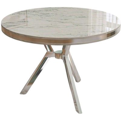 Table de repas ronde pieds métal Mos (Blanc marbré et Chrome)