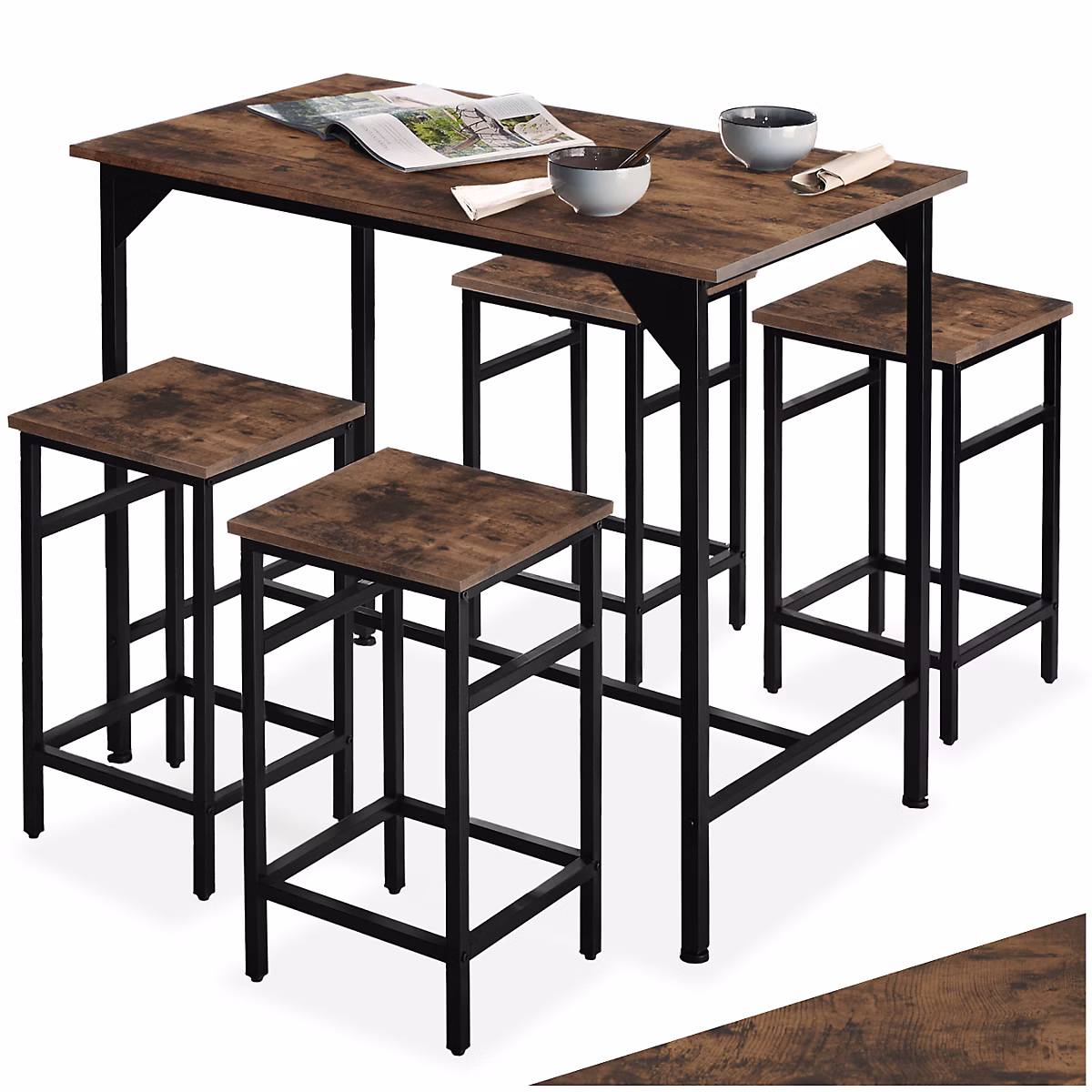 Ensemble table de bistrot 5 parties Bois foncé industriel – rustique