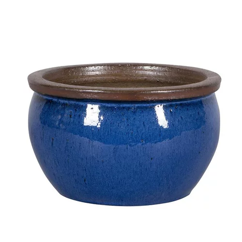 Jardin en pratique：Pot rond Bonn bleu en grès émaillé - Ø 33 x 21 cm