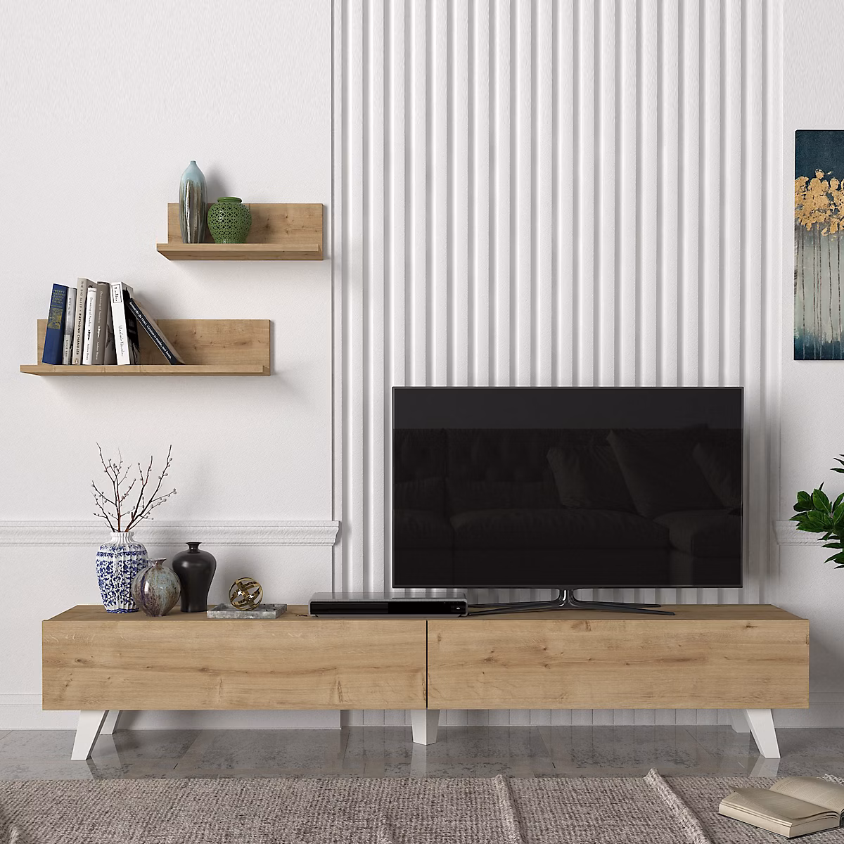 Ensemble meuble TV et 2 étagères Saarijärvi 180 × 31 × 33 cm effet chêne en.casa