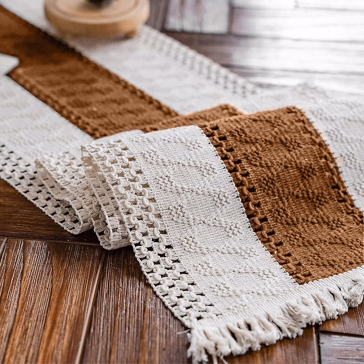 Chemin de Table Macramé Bohème 30 × 120 cm Caramel