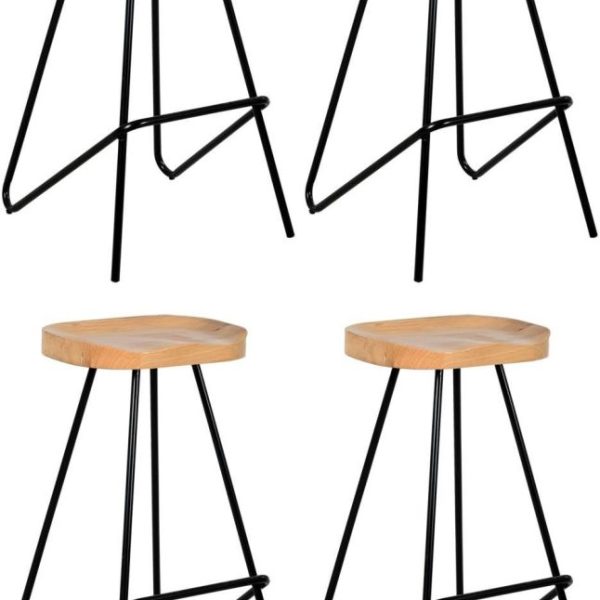 Tabouret de bar assise moulée en métal et bois d'orme huilé (Lot de 4)