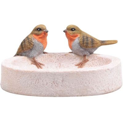 Bain oiseau en résine avec oiseaux 20 x 15 x 10.5 cm (Rouge gorge)