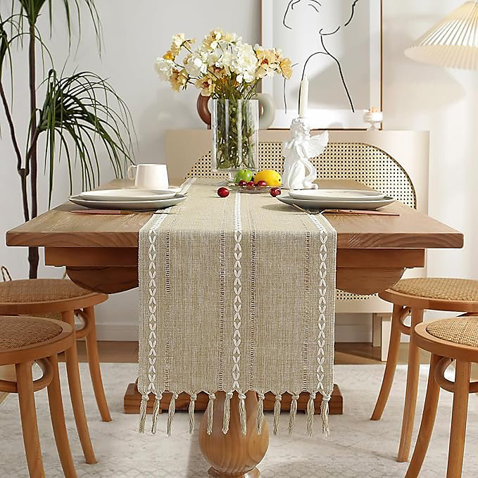 Chemin de Table Bohème Coton et Lin 33 × 150 cm Jaune Amande
