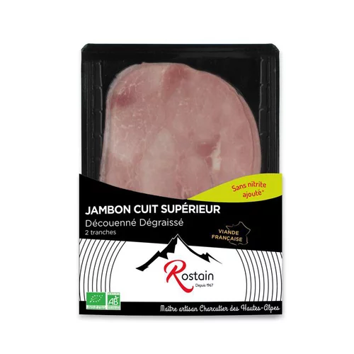 Pour un extérieur plus pratique:Jambon cuit supérieur sans nitrite Rostain - 90 g