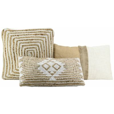 Coussins à motif en jute et coton blanc (Lot de 3) (Naturel et blanc)