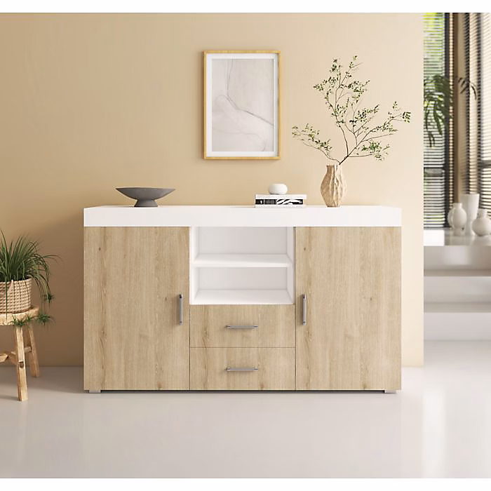 Buffet bas contemporain | Blanc & Sonoma – Mélamine – 2 portes 2 tiroirs – 140 × 80 × 40 cm