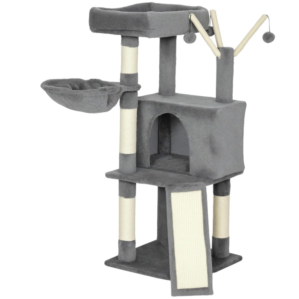PAWHUT Arbre à chat multi équipé niche hamac plateforme 3 boules griffoirs grattoir gris