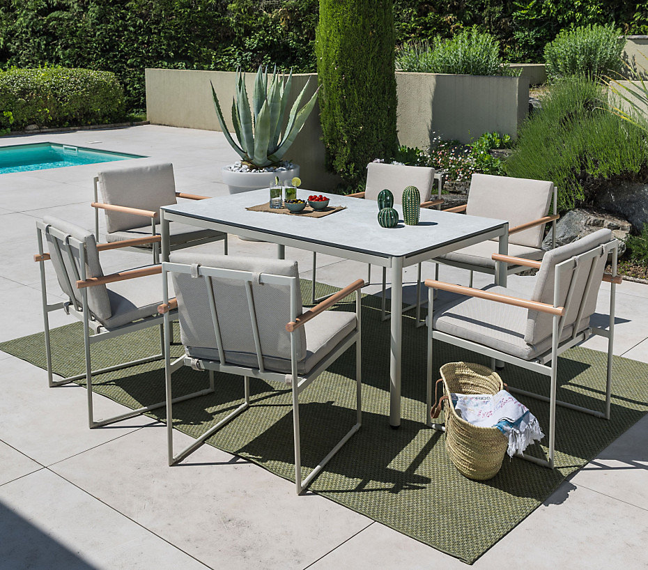 Ensemble table de jardin en aluminium et 6 assises – biscarosse | ozalide