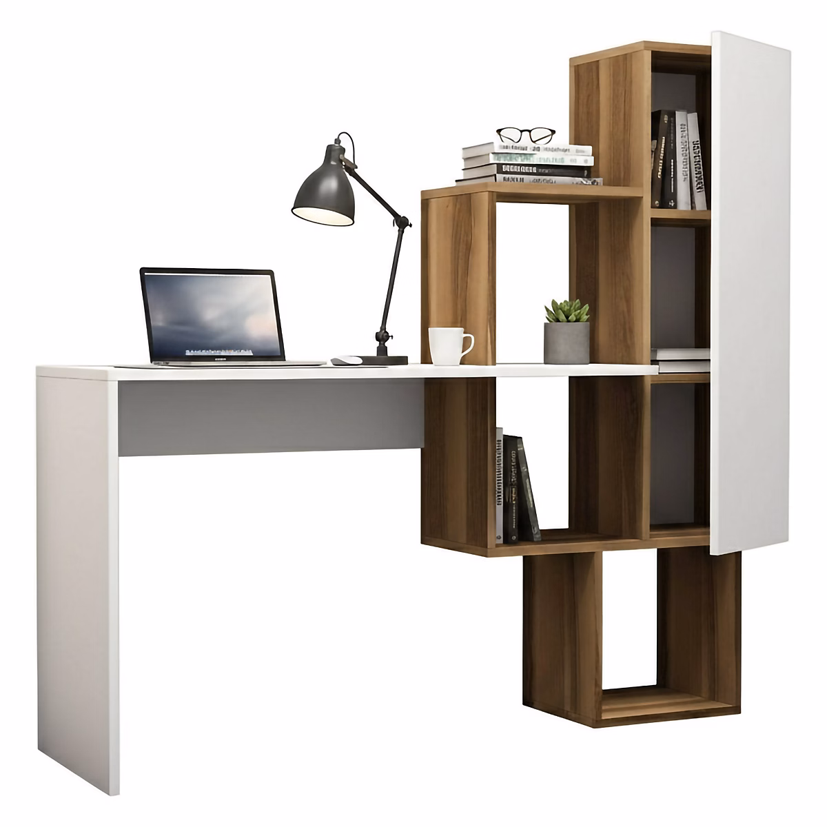 Bureau Baselice – Pupitre polyvalent, Table de bureau pour PC, Plan de travail, 145 × 45h75 cm, Noyer et Blanc
