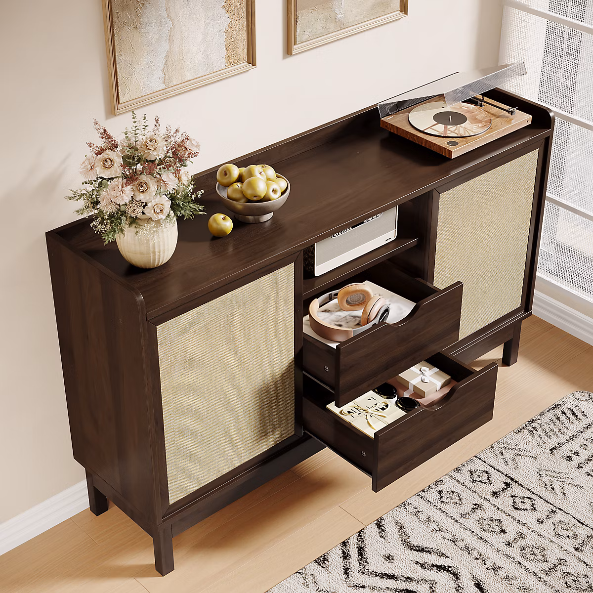 Buffet avec 2 Portes Coulissantes et 2 Tiroirs – Meuble de Rangement, Design Color-block pour Salon, Naturel 150 × 39,5 × 80 cm