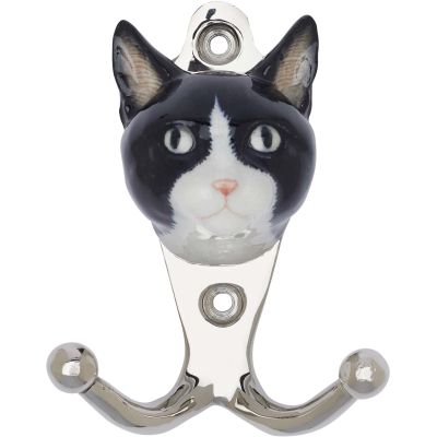 Patère animal en porcelaine 2 crochets (Tête de chat noir et blanc)
