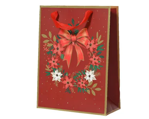 Pour plus de praticité au jardin：Sac cadeau en papier métallisé rouge décor couronne et nœud moyen modèle - 10 x 26 x 32 cm