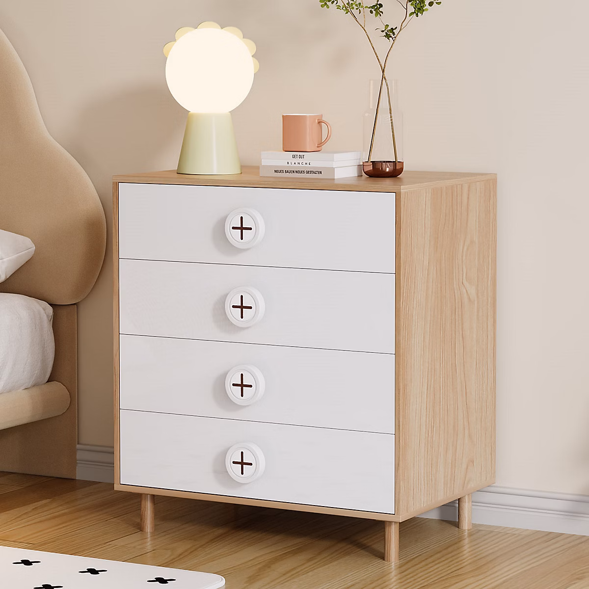 Meuble – Commode 80 cm en blanc et bois naturel avec 4 tiroirs