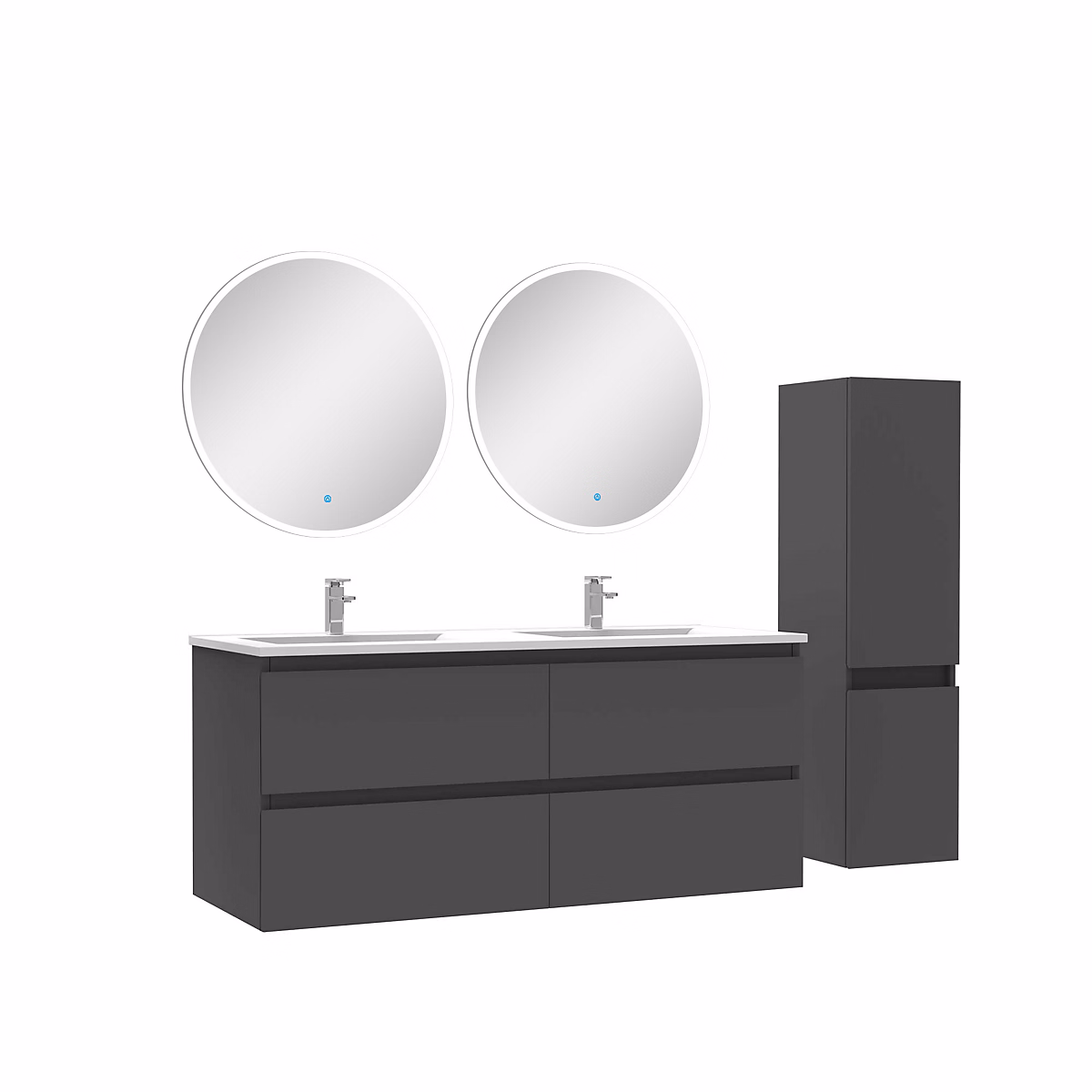 Ensemble meubles Salle de Bain 120cm vasque + colonne + miroir rond lumineux Anthracite – Réf. ZTUPHZIPQ5052904144