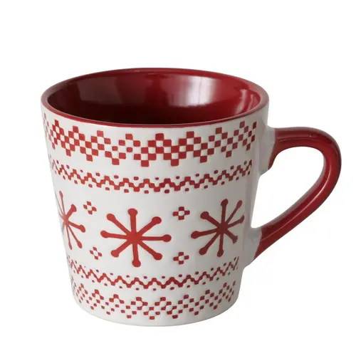 Pour vos projets jardin：Mug rouge et blanc en grès cérame Snowflaky - Ø 8 x 7,5 cm