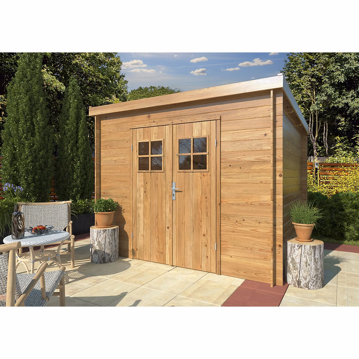 Abri de jardin en bois Zoé 3 autoclave White Wood simple vitrage surface extérieure totale 7m² – Réf. FEDMMNRYV6791371792