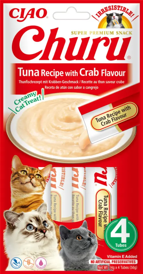 Un indispensable au jardin：Friandise en crème pour chat thon avec saveur crabe Inaba Ciao Churu - 4 x 14 g