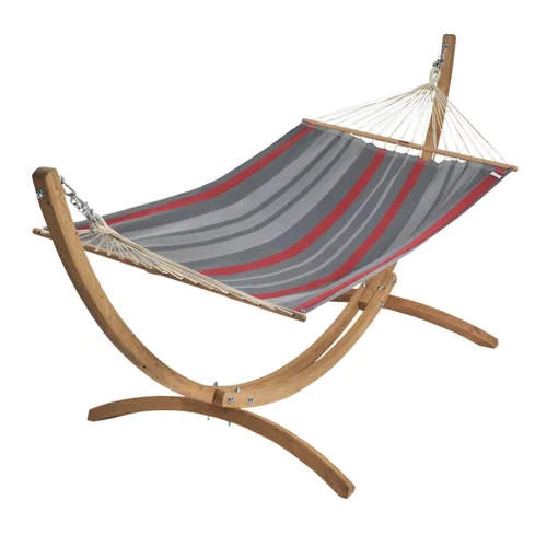 Jardin et déco：Set support et hamac EsKapade coloris rouge gris en bois et polypropylène Jobek Hamacs - 323 x 125 x 128 cm