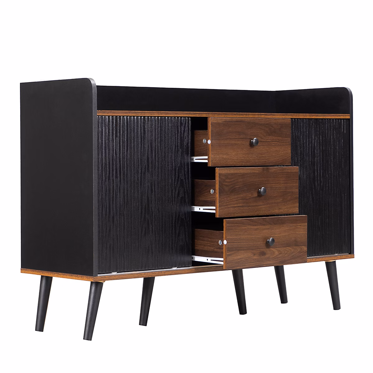 Buffet moderne en bois avec 3 tiroirs et étagères pour salle à manger et salon – 80 × 117,5 × 40 cm, Noir+Marron