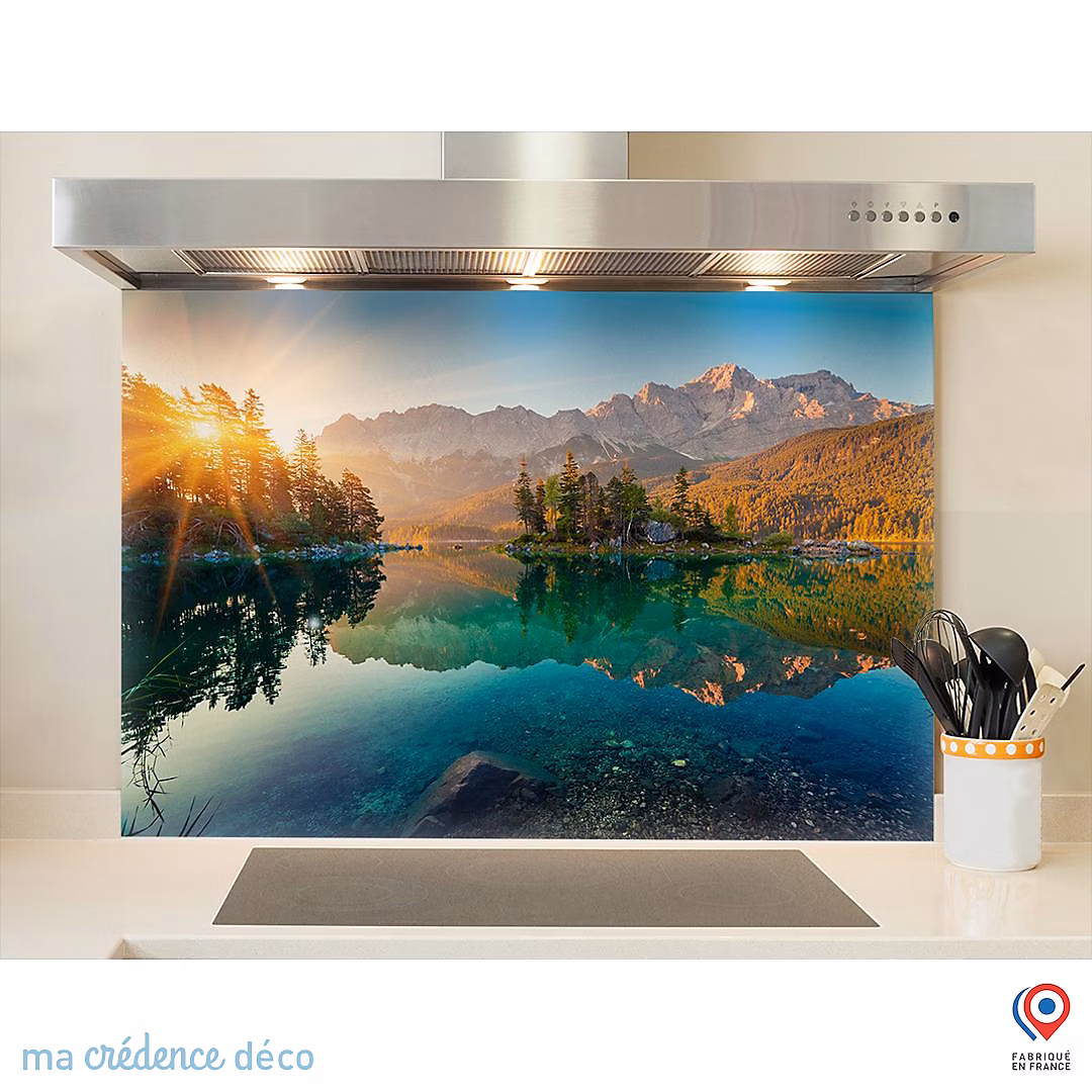 Crédence cuisine fond de hotte Lac de montagne 1 – Alu composite, L 90 cm x H 60 cm, MaCrédenceDéco