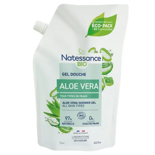 Extérieur nature：Gel douche bio Aloe Vera en écopack Natessance – 1 L