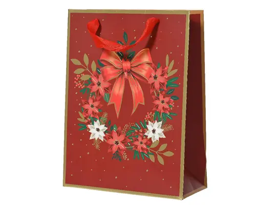Idée pour le jardin：Sac cadeau en papier métallisé rouge décor couronne et nœud grand modèle - 12 x 30 x 42 cm