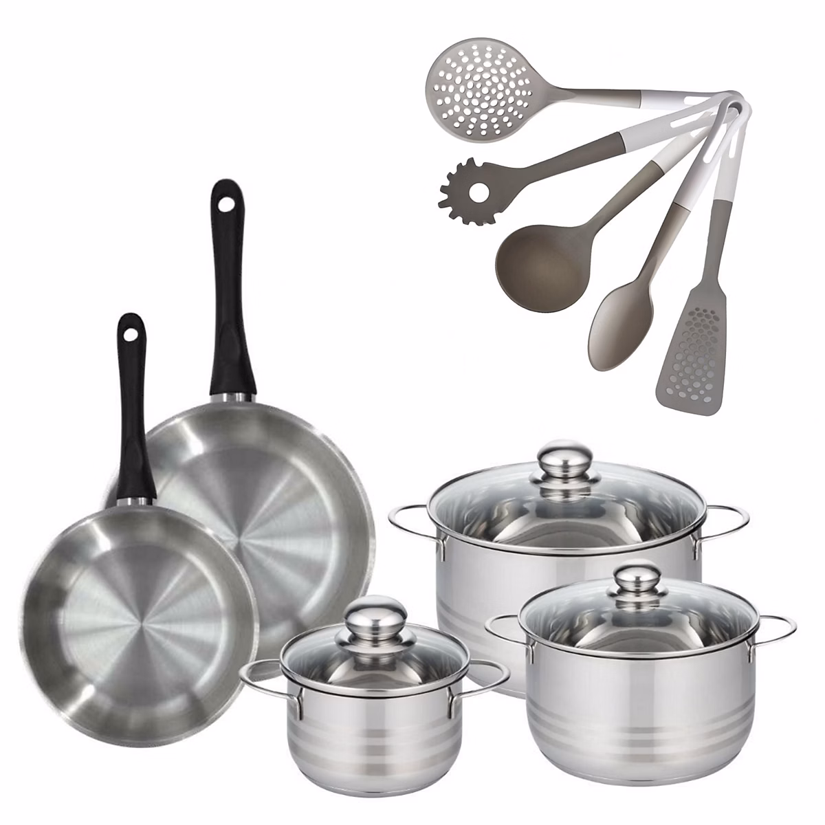 Matériel de cuisson – Batterie de cuisine avec 3 faitouts 16/20/24 cm et 2 poêles 20/24 cm avec 5 ustensiles de cuisine Fackelmann Généva Brillant Vario