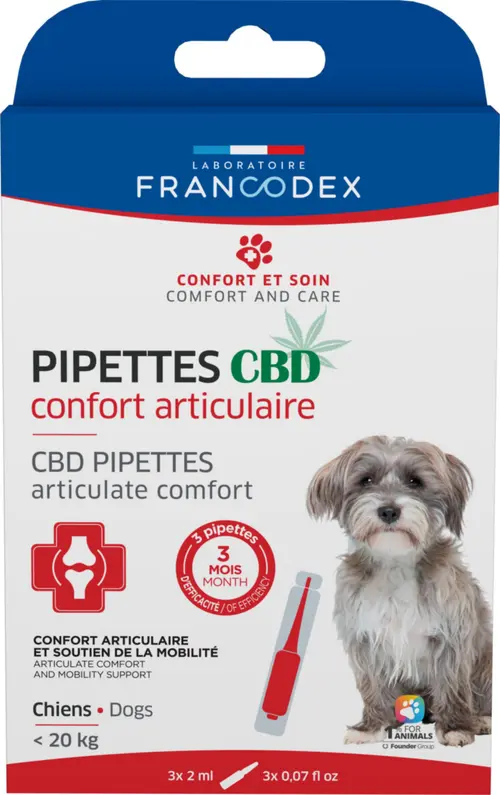 Facile à intégrer à l’extérieur：Pipettes CBD pour chien de moins de 20 kg confort articulaire Francodex - x 3 de 2 ml