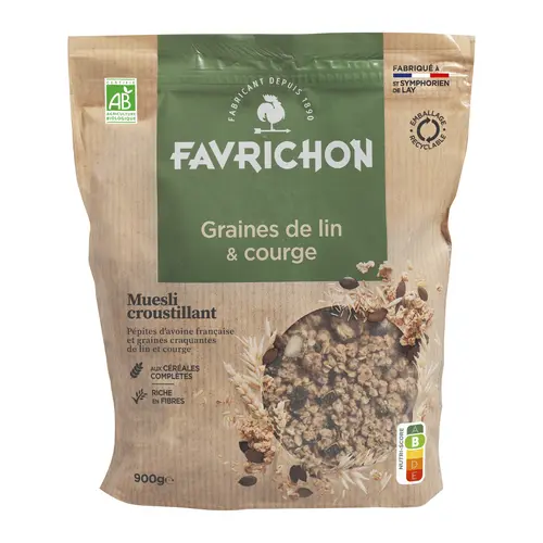 Une sélection pensée pour l’extérieur：Muesli croustillant graines de lin et courge bio Favrichon - 900 g