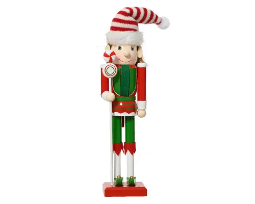 Pour un jardin bien équipé:Casse-noisette lutin rouge et vert à poser en bois de pin - 7,5 x 6 x 30 cm