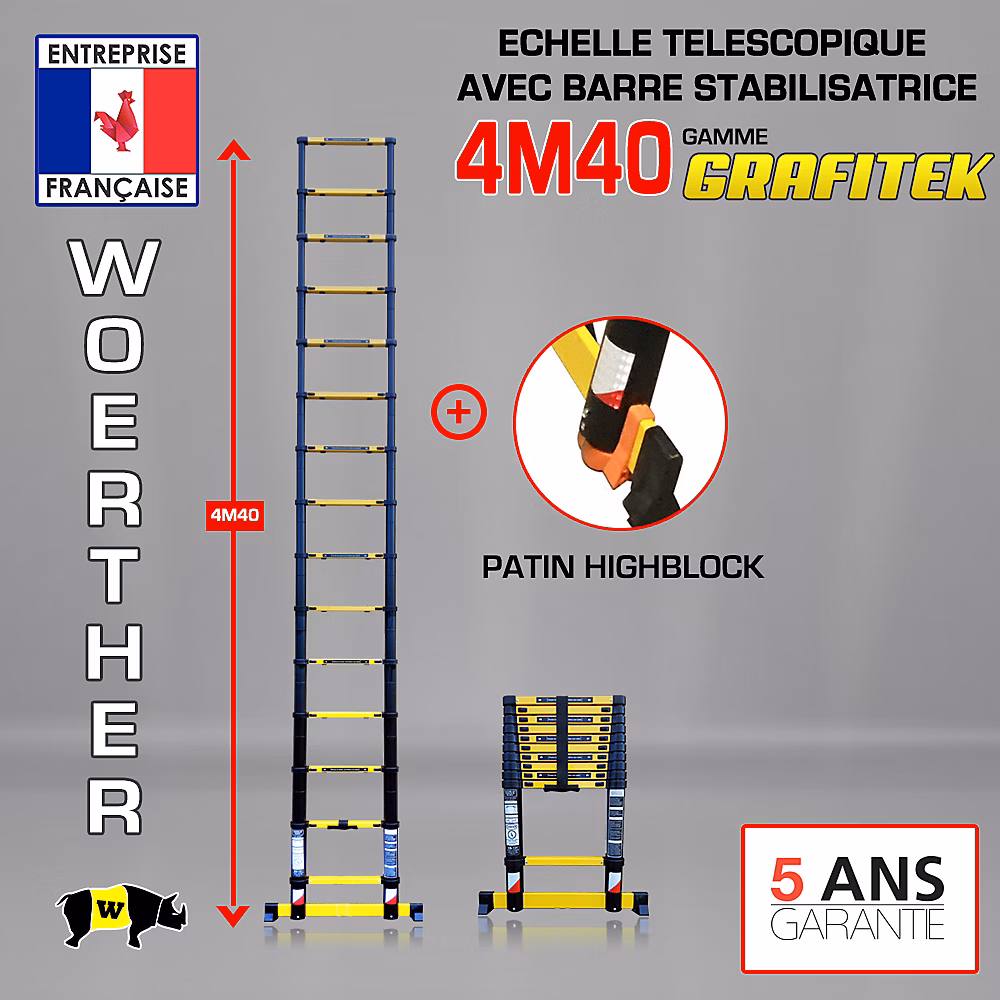Echelle télescopique Woerther 4m40 avec barre stabilisatrice + Patins Highblock | Echelle