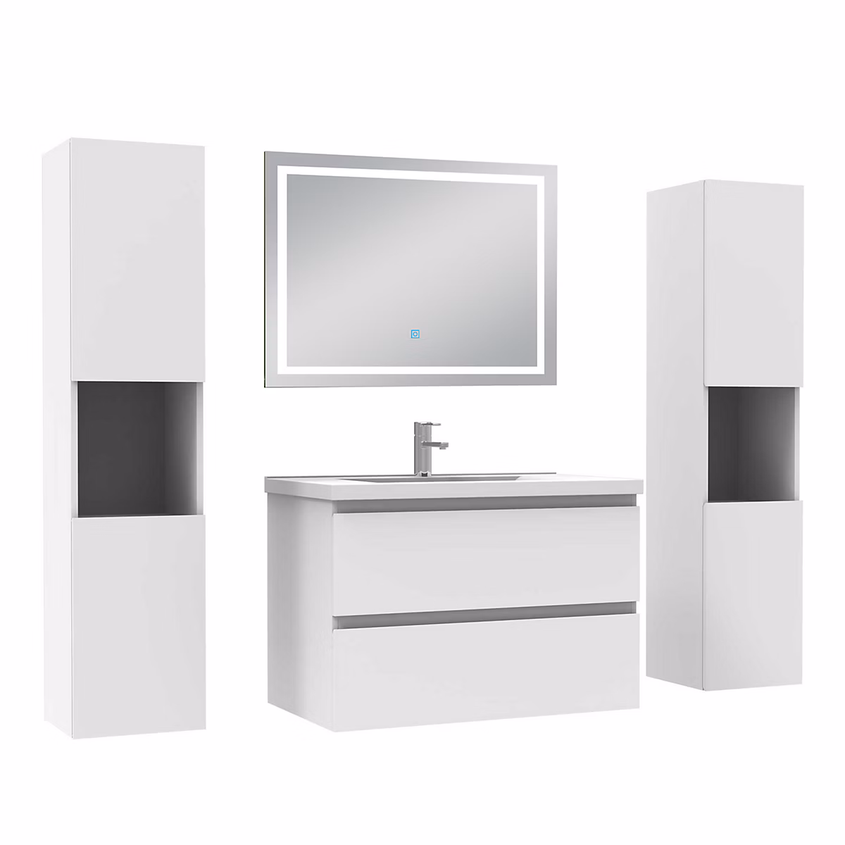Ensemble meuble de salle de bains – Ensemble meubles Salle de Bain 80cm avec colonne et miroir lumineux 3 couleurs et dimmable blanc