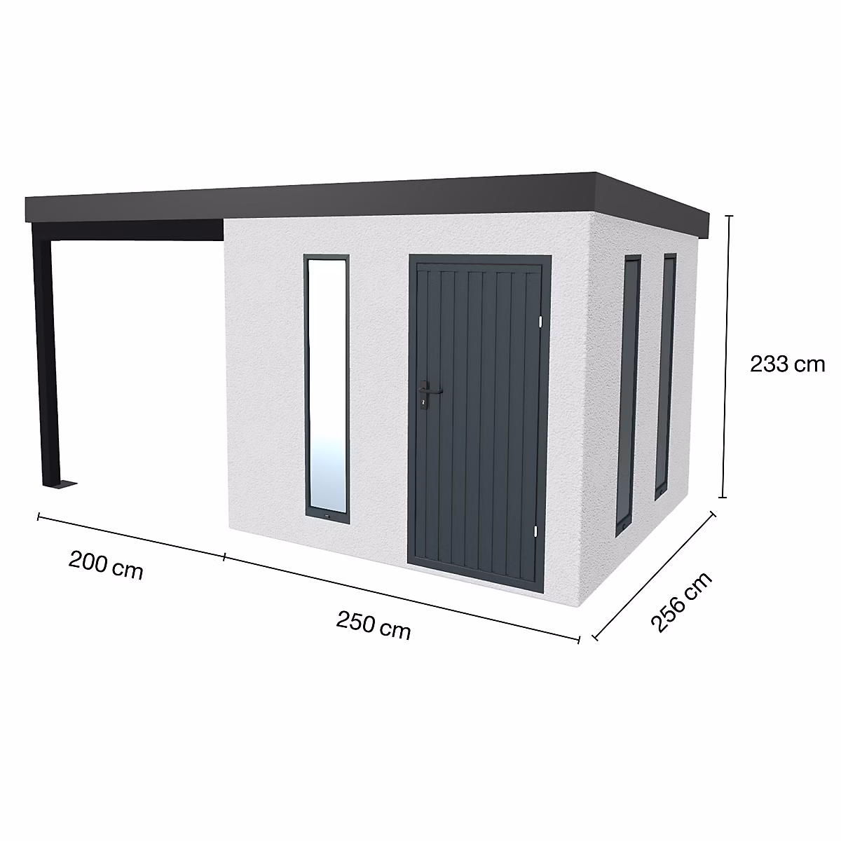 Abri de jardin en métal finition crépi 2500 × 2560 mm blanc avec auvent à gauche 2000 × 2560 mm anthracite.