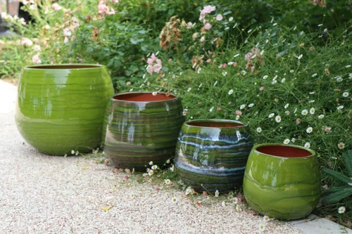 Le petit plus du jardin:Pot en terre émaillée vert Forêt Les Poteries d'Albi Cancale - Ø 14 x H 14 cm