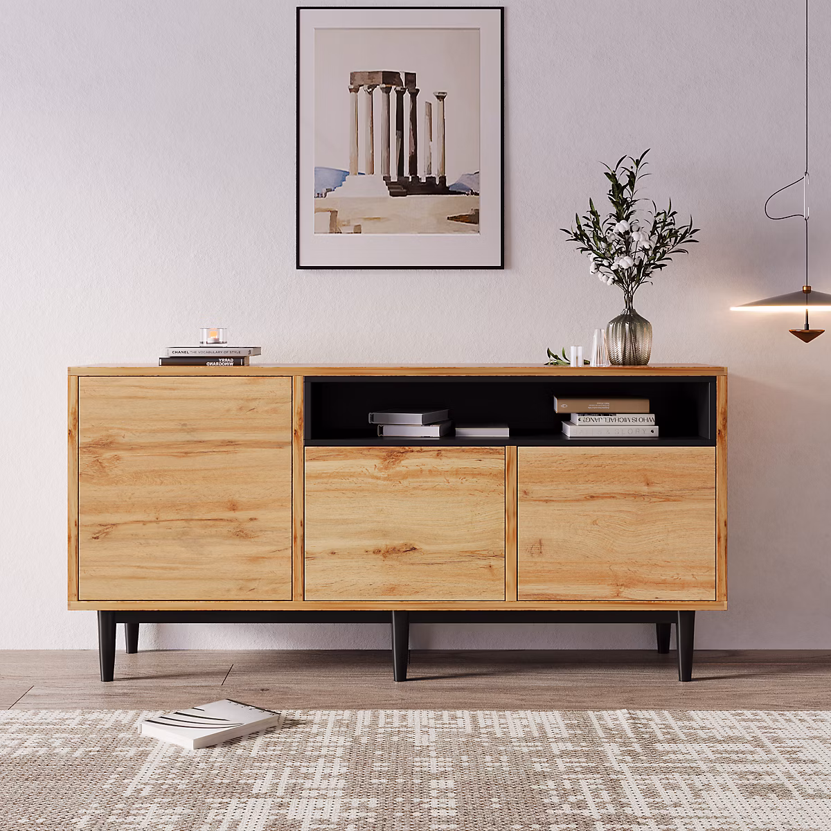 Buffet 160 cm en MDF noir et bois avec 3 portes et étagères réglables – Réf. UBGVXXKPF4802849254