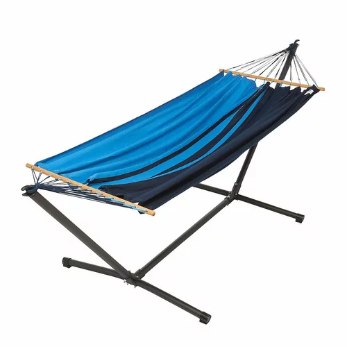 Extérieur durable：Set support et hamac MetaliK coloris bleu Caraïbes en métal et polypropylène certifié FSC®Jobek Hamacs - 300 x 140 x 95 cm