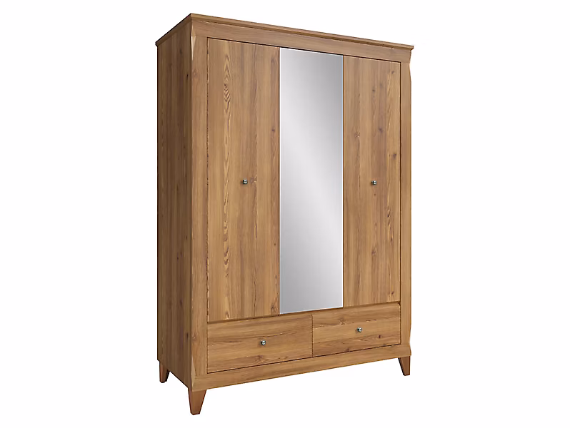 Armoire à 3 portes avec miroir et 2 tiroirs soft-close coloris Mélèze doré – Longueur 144 x Profondeur 63 x Hauteur 202 cm