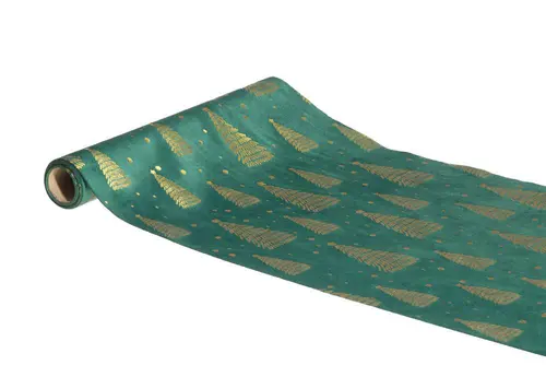 Choix nature：Chemin de table vert épicéa en velours à motifs de sapins or - 28 x 300 cm