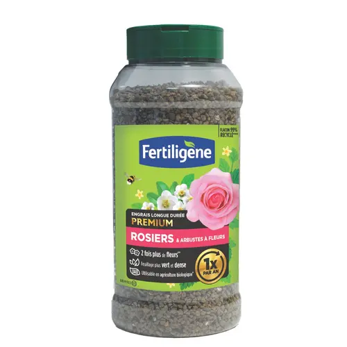 Pour transformer votre jardin：Engrais longue durée pour rosiers et arbustes à fleurs Fertiligène - 600 g